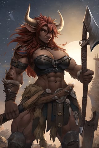 cow girl, COW EARS, COW HORNS, minotaur female, muscular female, (red hair:1.2), B4RB4R14N, leather, fur, holding axe, Coliseum background, outdoors, looking_at_viewer, barbarian tattoos, dark skin, tan, dark sky, dynamic angle