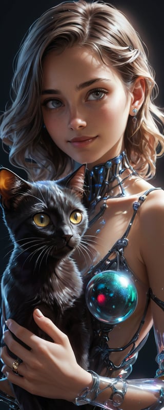 (best quality, masterpiece, highres, ultra-detailed, 8K, RAW image),high details, realisitc detailed,ultra realistic,
a beautiful young woman cuddling a black kitten, 23yo, glowing eyes,upperbody photo of a beautiful female figure boasting transparent skin revealing her colorful metal skeleton beneath, inlit by a stark white studio light casting an intricate shadows, eye contact, kind smile, lipgloss, bliss, willowy, chiseled, (perfect anatomy, prefecthand, dress, long fingers, 4 fingers, 1 thumb), dynamic pose,glass shiny style,made of water bubbles,chrometech,surface imperfections,cinematic_warm_color,colorful,color art