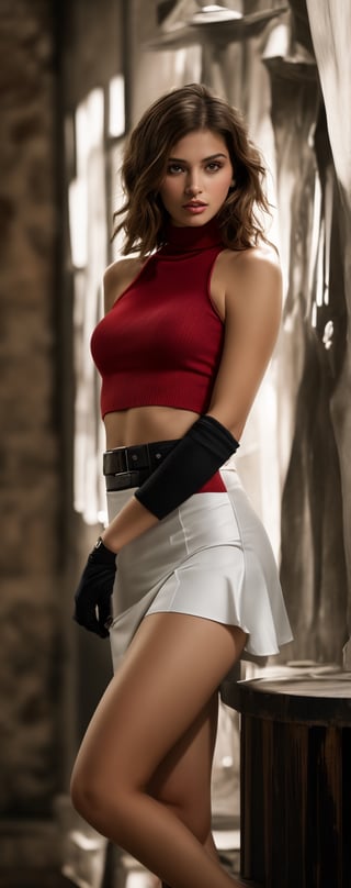 (best quality, masterpiece, top quality, highres, 8K, official art, beautiful and aesthetic:1.2), sharp focus, 
Generate hyper realistic image of a beautiful student model with black pixie hair and bare shoulders, standing confidently in a sleek skirt and sleeveless turtleneck, kind simile, crimson lipgloss, as she gazes directly at the viewer with an enigmatic allure, her dark elbow gloves adding a touch of elegance to the cowboy shot composition against a well lit background, depth of field.