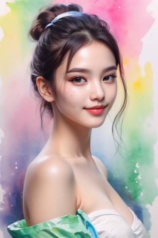 (8k, best quality, masterpiece:1.2), best quality, ultra highres, a chest up watercolor painting of a beautiful student model, looking at viewer, shoulder, dark chignon, kind smile, greasy lips, hair ribbons, white strapless tops, colorful tone, (black+blue+pink+green color:1.2), extremely luminous bright design, pastel colors, (ink:1.3), early spring lights, wet on wet, paper texture, on papar,