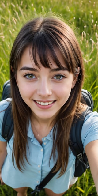 (best quality, 4K, 8K, high-resolution, masterpiece, ultra-detailed, photorealistic), a close up portrait of a beautiful young woman taking selfie with her smartphone at shinny meadow, 17yo, facing_viewer, looking at smartphone, high angle, bob_cut, bangs, hand_raised, backpack, necklace, grass and soil, smile, joyful, charming eyes, ((Panoramic and open wide shot)), perfect hands,epic running fast, bokeh, short skirts,