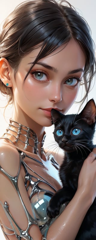 (best quality, masterpiece, highres, ultra-detailed, 8K, RAW image),high details, realisitc detailed,ultra realistic,
a beautiful young woman cuddling a black kitten, 23yo, glowing eyes,upperbody photo of a beautiful female figure boasting transparent skin revealing her colorful metal skeleton beneath, inlit by a stark white studio light casting an intricate shadows, eye contact, kind smile, lipgloss, bliss, willowy, chiseled, (perfect anatomy, prefecthand, dress, long fingers, 4 fingers, 1 thumb), dynamic pose,glass shiny style,made of water bubbles,chrometech,surface imperfections,cinematic_warm_color,colorful,color art