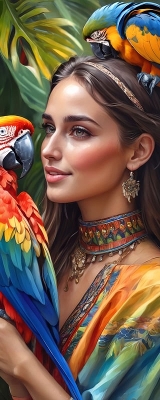 (best quality, masterpiece, ultra detailed, highres, RAW image),watercolor painting of 
a beautiful young model with a macaw, perfect facial features, perfect eyes, pov_eye_contact , laughing, lipgloss, dark skin, in realistic detailed Armenian costume, perfect proportions, BREAK    tropical beach background, depth of field, prestigeous, dignified, romantic, bliss, vibrant colors, bold color tone,
on paper,wet on wet,detailmaster2,colorful,,,,,,,