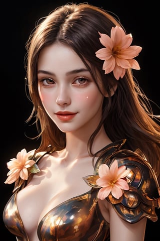 an upper body  portrait of beautiful young woman, looking at viewer, smirk, flowers, flower dress, colorful, dark amber holy background, flower armor, realist, realistic skin, clear soft skin, skin detailed, pore, grain, breasts, art, detailed light,