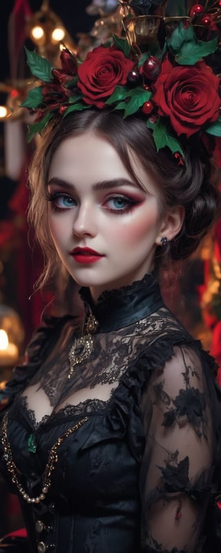 (best quality, masterpiece, ultra detailed, 8K, RAW photo), 
a beautiful young woman, victorian style, gothic clothes, modelshoot style, eye contact, lipgloss, smirk, christmas vibes, christmas decoration, flowers,  glow, darl background, colorful