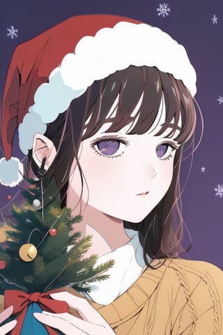 (best quality, masterpiece, ultra detailed, 8K, RAW photo), 
close up line art portrait of a beautiful young woman with santa cap, christmas tree,❄️,  🎄,  🎁, in only four colors, flat purple background,
calm serenity vibes, a ncg,
