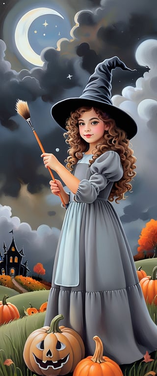 A cute wizard girl with curly brown hair and a grey dress, wearing a fashionable witch hat and holding a paintbrush, painting a fantasy scene of a haunted landscape with a dark sky, clouds, moon, and pumpkins, (by Tim Walker & Hayao Miyazaki & Lisa Frank), painting style, colorful and whimsical, featured on Pinterest, indoor scene, artistic details, high resolution.