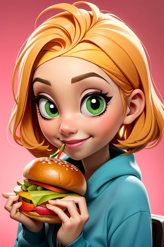 1 beautiful girl, mid short orange hair, big green eyes, cartoon eyes, wearing a blue shirt, close-up, smilling, holding a burger, perfect face, masterpiece, perfect composition, ultra-detail