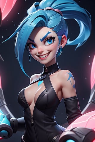 Jinx from League of Legends, wonderful girl, blue hair, pink eyes, perfect composition, masterpiece, fantastic face, big evil smile, dynamic pose, halfbody, 
