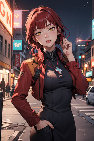 1girl, solo, mature female, black dress, cross necklace, high collar dress, red jacket,
red hair, bangs, braided ponytail, yellow eyes, 
night, city, upper_body, braid, head_tilt, hand on pocket