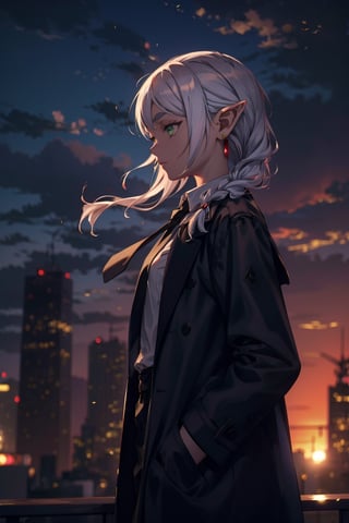 vibrant colors, masterpiece, sharp focus, best quality, depth of field, cinematic lighting, 
1girl, solo, elf, white hair, grey hair, earrings, pointy ears, long hair,  green_eyes, (braid:1.5), parted bangs, thick eyebrows, 
collared shirt, black necktie, black pants, (black_coat),
 rooftop, city, clouds, windy, hair flowing in the wind, clothes in the wind, from the side, profile, hand in pocket,
cowboy_shot