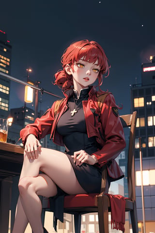 1girl, solo, mature female, black dress, cross necklace, high collar dress, red jacket,
red hair, bangs, braided ponytail, yellow eyes, 
night, city, sitting