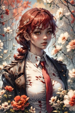 1girl, solo, yellow eyes, white shirt, upper body, braid, sidelocks, red hair, necktie, collared shirt, black jacket, white shirt,
flowe background, red flowers, blood,
Detailed face, ultra-detailed, bright Asian glossy skin, high quality skin texture rendering, masterpiece, (natural small breasts, masterpiece, highest quality), (realistic, photo-realistic),  masterpiece, best quality, cowboy_shot, rembrant_light, shaded_face, red background, CrclWc
