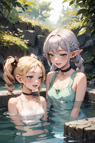 (two girls), mature, 2 elfs,
 <1woman, grey_hair, elf, pointy_ears,  green_eyes, small_breasts, earrings, red_earrings, white dress, upperbody, twintails,>
BREAK
< 1woman, blonde, elf, logn hair, braids, choker>
dress, hot_spring, outdoors, forest, onsen, taking a bath, bathing, smile, :), happy, :D rub, head_pat

 