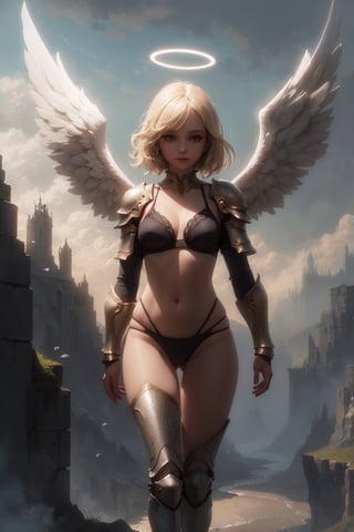 best quality, from front, a girl, looks at viewer, flying hair, fantasy landscape on background, cinematic, best quality, (looks at viewer:1.3), (blonde:1.1), beautiful face, medium flying hair,  angel halo, angel wings, fantasy landscape on background, best quality, from front, a girl, medium breast, bra, angel wings, fantasy landscape on background, bikini_armor, mechanical legs, 