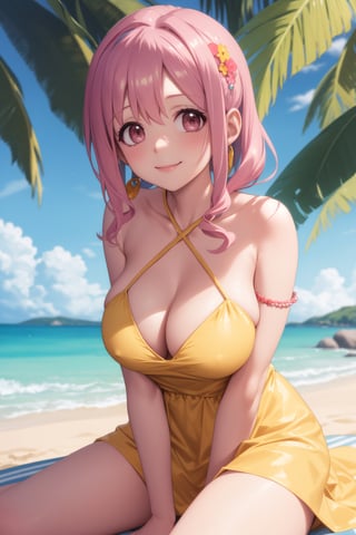 masterpiece, best quality, incredibly absurdress, highres, high detail eyes, high detail background, 1girl,yellow dress,sitting in a big pink shell,white sand beach, some shells on the beach,sunbeam, sunlight, looking at viewer, smile, ,kaede hozuki