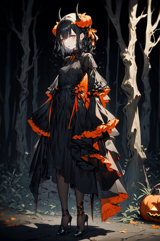 (Gray eyes, black hair, medium hair, wavy hair, small breasts, 1girl), fullbody, dark orange, dress, black dress, black and orange, ribbons, forest, halloween, shadows, dark, creepy, horns, black horns, night,