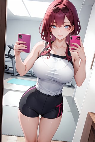(best quality:1.2), (hyper detailed), (photograph:1.2), raw photo, in door, gym, gym wear, mirror, smile, selfie with mobile, perfect eyes, seductive eyes, seductive smile, seductive pose, looking at the viewer, sexy poses',SHIRT,1girl