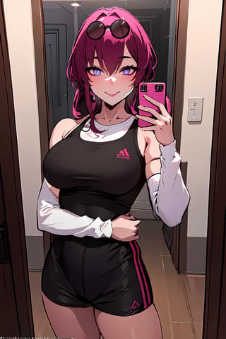 (best quality:1.2), (hyper detailed), (photograph:1.2), raw photo, in door, gym, gym wear, mirror, smile, selfie with mobile, perfect eyes, seductive eyes, seductive smile, seductive pose, looking at the viewer, sexy poses',SHIRT