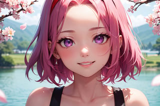 masterpiece, best quality, expressive eyes, perfect face, looking at viewer, close-up on face, 1girl ,haruno sakura, red sleeveless dress, red hairband, forehead mark, white skin, short hair, pink hair, green eyes, smile, cherry blossoms, lake,seele,purple eyes, red eyes