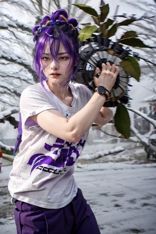 focus female, raiden_shogun, purple colorful_hair, purple eyes, neutral angry face, tshirt clothes