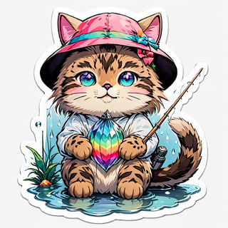 Rainbow Colored Fishing Cat, fishing in the river, every drop of water a rainbow prism, masterpiece, best quality,sticker, ral-chrcrts,ral-chrcrts