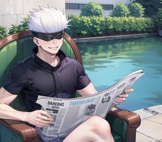 gojo satoru, masterpiece, best quality, 1boy, blindfolded, TomReadingTheNewspaper, evil smile, outdoors,