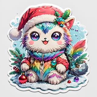 Rainbow Colored Fishing Cat, fishing in the river, every drop of water a rainbow prism, masterpiece, best quality, sticker, winter season, Christmas, snow, ral-chrcrts, 