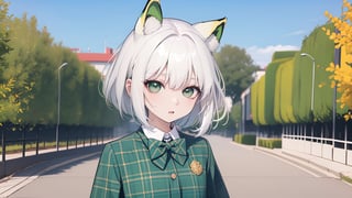 upper_body, flat_chested, dynamic hair, straight pose, green eyes, white hair, green animal ears, 1girl, masterpiece, best quality, incredibly absurdress, ultra quality, sharp focus, 8K UHD, highly detailed glossy eyes, ultra quality, green eyes, jk suit, plaid skirt, pleated skirt, shirt, bowtie,