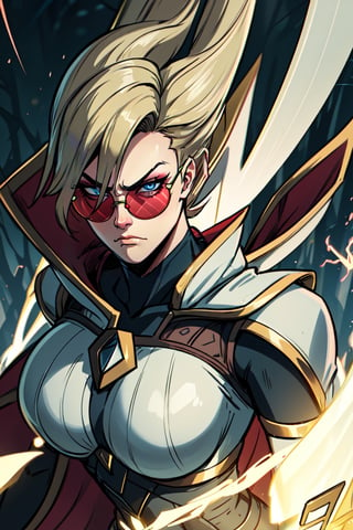 vayneSoL, 1girl, solo, upper_body, short hair, sunglasses, round_eyewear, blue eyes, looking_at_viewer, frown, SuperSaiyan, blonde hair, super saiyan, spiked hair, aura, electricity, (masterpiece:1.2), best quality, ultra detailed, 8k, 4k, intricate, (highly detailed:1.2), (detailed face:1.2), detailed background, black bodysuit, (neckline:1.2), (v-neck:1.2), white cape, fingerless_gloves, breasts, toned, sky night background, out of forest, ((surrounded by electric rays:1.2), (electric aura:1.2))