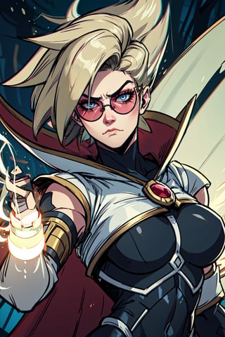 vayneSoL, 1girl, solo, upper_body, short hair, sunglasses, round_eyewear, blue eyes, looking_at_viewer, frown, SuperSaiyan, blonde hair, super saiyan, spiked hair, aura, electricity, (masterpiece:1.2), best quality, ultra detailed, 8k, 4k, intricate, (highly detailed:1.2), (detailed face:1.2), detailed background, black bodysuit, (neckline:1.2), (v-neck:1.2), white cape, fingerless_gloves, breasts, toned, sky night background, out of forest, surrounded by electric rays, electric aura