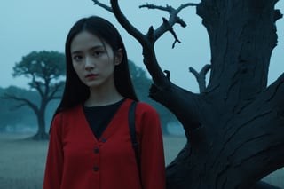 masterpiece, best quality, close up,girl standing under the dead tree, half body,black and red palette, eerie,mggirl