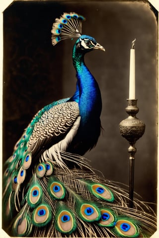 daguerreotype photograph of a Peacock wearing a wizard's robe and wizard's hat,  holding a magic wand,  casting a spell,  inspired by The Middle Ages,  medieval art,  elaborate patterns and decoration,  Medievalism,  dagtime,