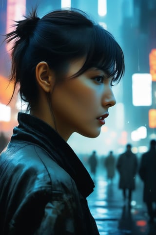 double exposure, blade runner city and  close up face of 1girl, art by Ian McQue,cyberpunk city,