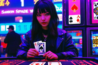 1girl, magician, show a deck of card, ace of spade,aw0k euphoric style,cyberpunk style