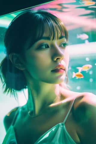 (Double exposure:1.3) 1girl, bangs,35mm,aquarium,aesthetic portrait