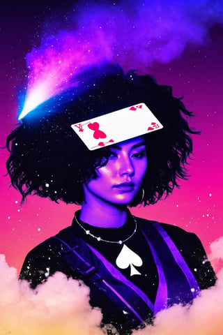 1girl, magician, show a deck of card, ink spary,ace of spade,floating dust,aw0k euphoric style,cyberpunk style
