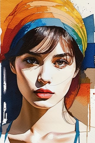 a drawing of a woman, portrait, lookin at the camera, colorful, hints of oil painting style, hints of watercolor style, brush strokes, negative white space, captivating beauty, crisp, sharp, textured collage, layered fibers, post-impressionist, hyper-realism, 