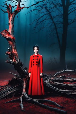 masterpiece, best quality, girl standing under the dead tree, black and red palette, eerie,