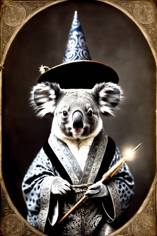 daguerreotype photograph of a koala wearing a wizard's robe and wizard's hat,  holding a magic wand,  casting a spell,  inspired by The Middle Ages,  medieval art,  elaborate patterns and decoration,  Medievalism,  dagtime,