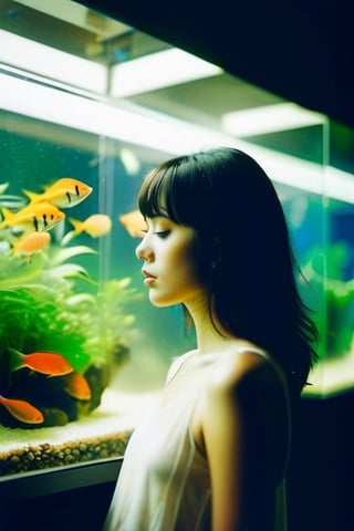 (Double exposure:1.3) 1girl, bangs,35mm,aquarium