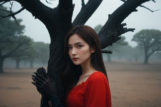 masterpiece, best quality, close up,girl standing under the dead tree, half body,black and red palette, eerie,mggirl