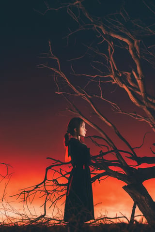 masterpiece, best quality, close up,girl standing under the dead tree, half body,black and red palette, eerie,mggirl