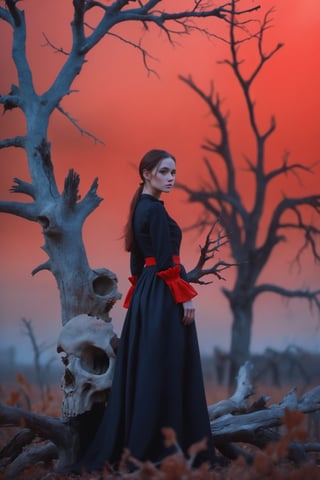 masterpiece, best quality, girl standing under the dead tree, half body,black and red palette, eerie,