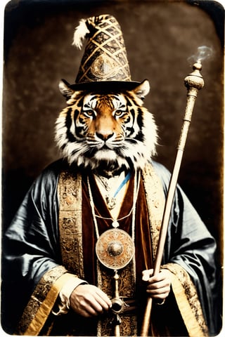 daguerreotype photograph of a Tiger wearing a wizard's robe and wizard's hat,  holding a magic wand,  casting a spell,  inspired by The Middle Ages,  medieval art,  elaborate patterns and decoration,  Medievalism,  dagtime,