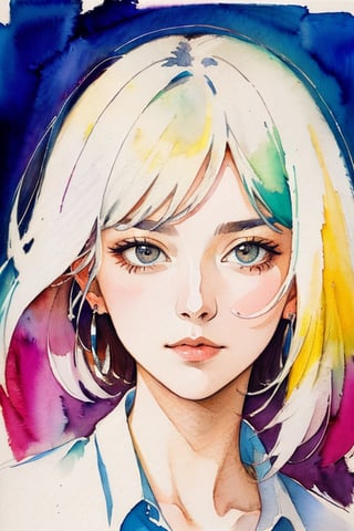 a drawing of a woman, portrait, lookin at the camera, colorful, hints of oil painting style, hints of watercolor style, brush strokes, negative white space, captivating beauty, crisp, sharp, textured collage, layered fibers, post-impressionist, hyper-realism, 