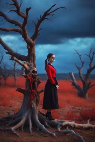 masterpiece, best quality, girl standing under the dead tree, black and red palette, eerie,