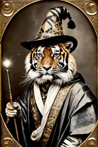 daguerreotype photograph of a Tiger wearing a wizard's robe and wizard's hat,  holding a magic wand,  casting a spell,  inspired by The Middle Ages,  medieval art,  elaborate patterns and decoration,  Medievalism,  dagtime,