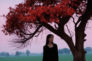 masterpiece, best quality, close up,girl standing under the dead tree, half body,black and red palette, eerie,mggirl,xxmixgirl