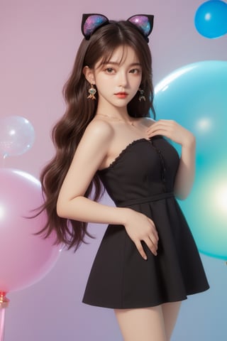 xxmixgirl ,1girl ,in a black dress posing for a picture, “uwu the prismatic person, kpop style colors, shot at night with studio lights, neck chains, inspired by Wang Yuanqi, brown hair with bangs,streaming on twitch, plastic doll, lisa, glamorous angewoman digimon